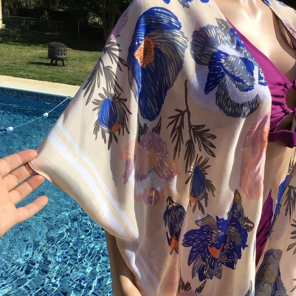 Woven Heart Womens Peach Floral Kimono Swimsuit Cover Up Size Large - Picture 2 of 6